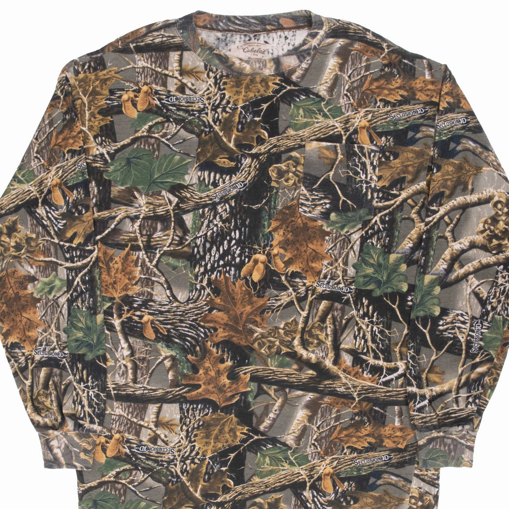 VINTAGE HUNTING SECLUSION 3D CAMO LONG SLEEVE POCKET TEE SHIRT SIZE LARGE UPF Rated Fabric
