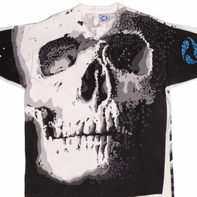 VINTAGE LIQUID BLUE ALL OVER PRINT SKULL PINKERTON TEE SHIRT 1992 XL MADE USA Pocket Design