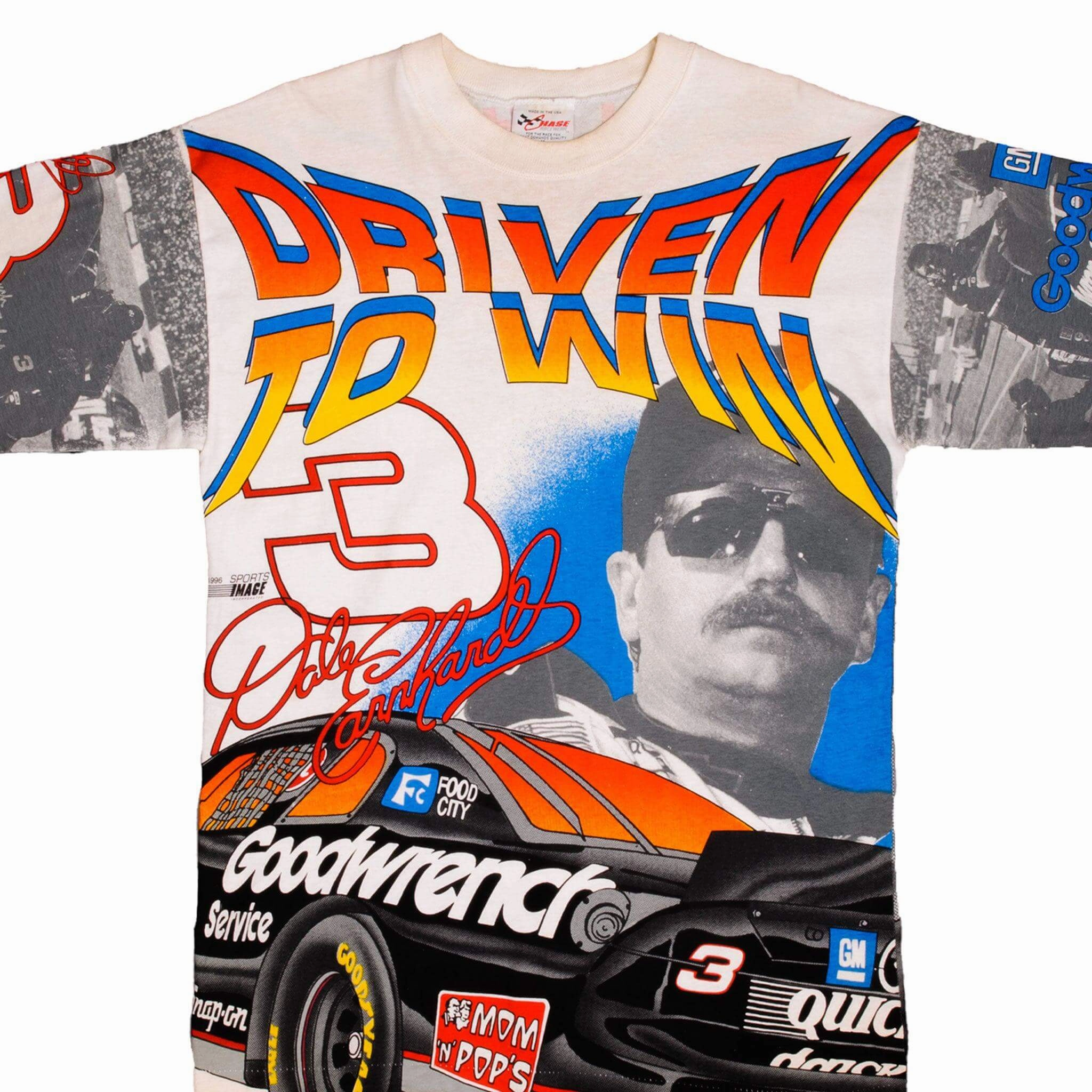 VINTAGE NASCAR ALL OVER PRINT DALE EARNHARDT 1996 TEE SHIRT MEDIUM MADE IN USA Ultra Soft Blended Textile