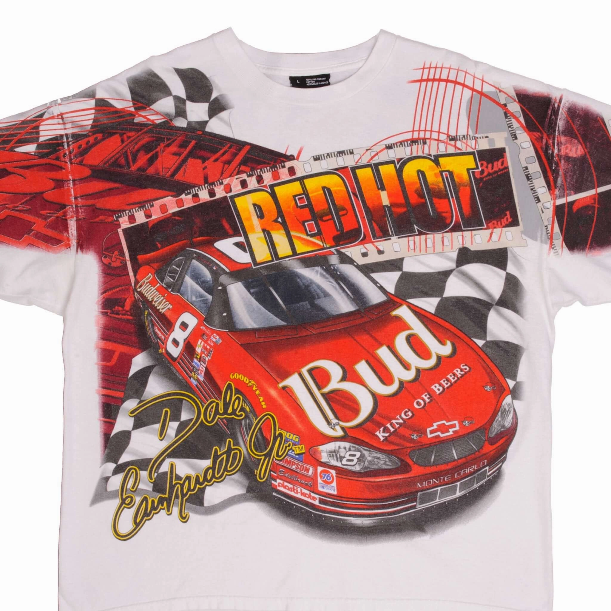 proper length VINTAGE NASCAR ALL OVER PRINT DALE EARNHARDT JR 90S 2000S TEE SHIRT LARGE