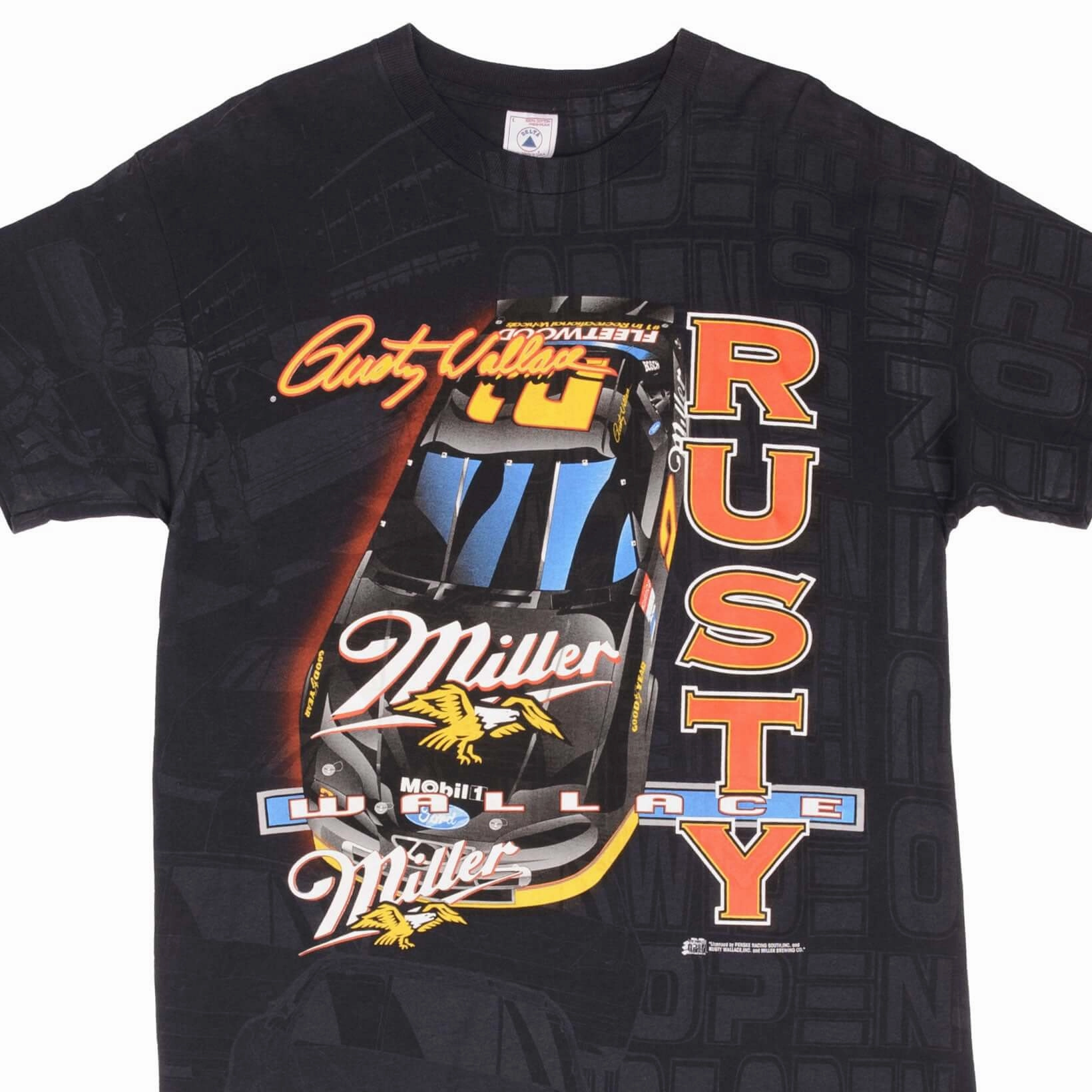 VINTAGE NASCAR ALL OVER PRINT RUSTY WALLACE 1990S TEE SHIRT LARGE Plus size confidence