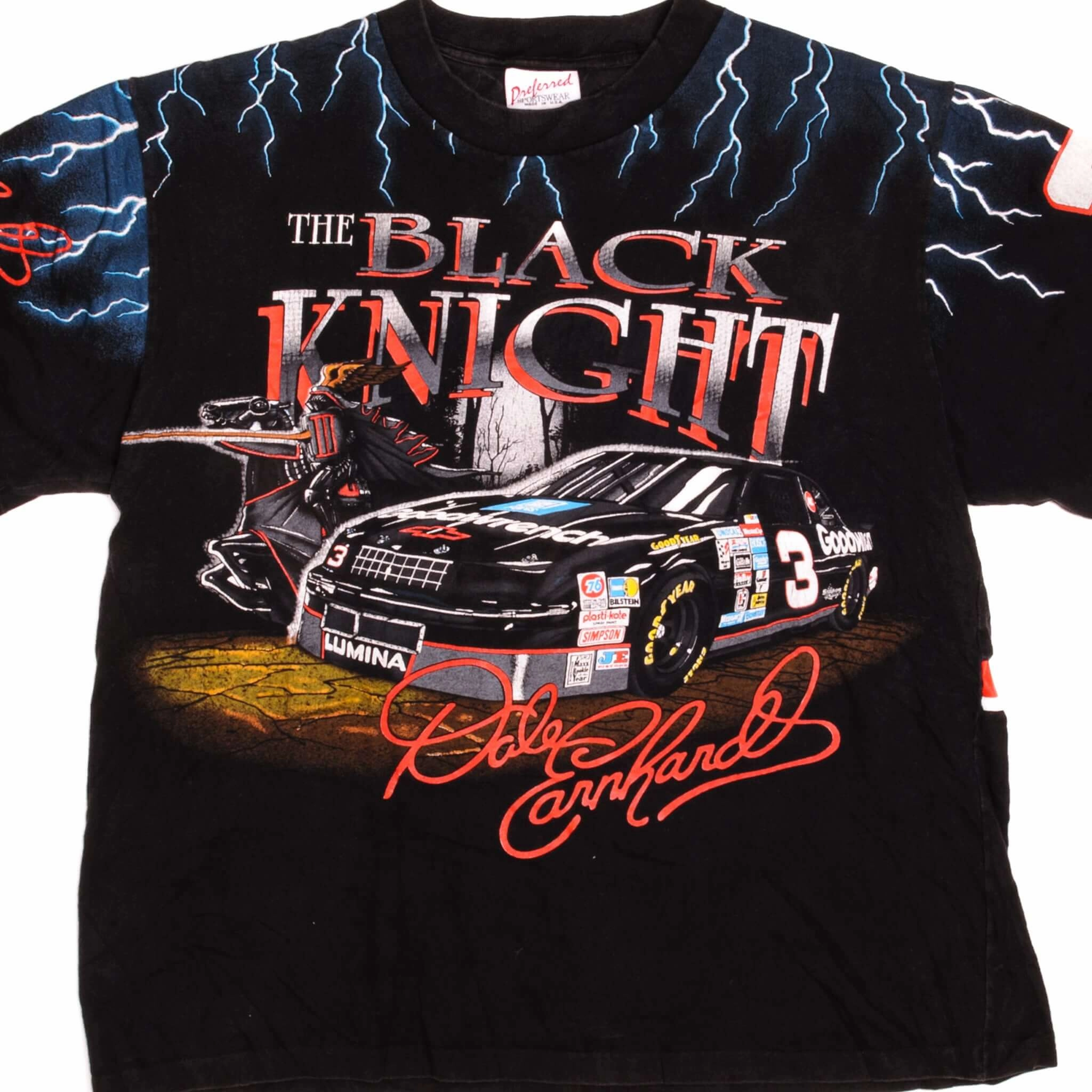 VINTAGE NASCAR DALE EARNHARDT THE BLACK KNIGHT 1990s TEE SHIRT SIZE XL ALL OVER PRINT MADE IN USA Comfortable Touch