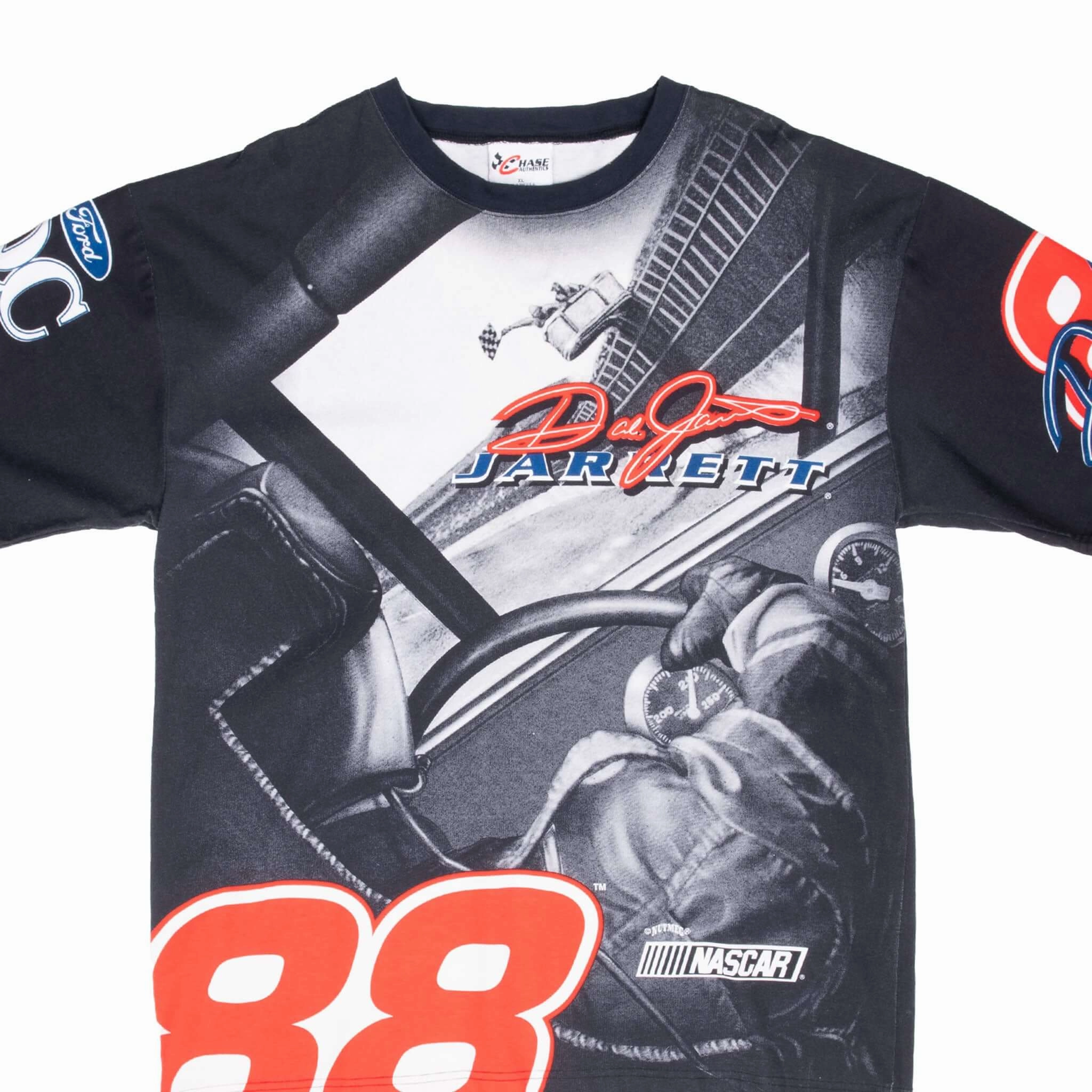 VINTAGE NASCAR DALE JARRET ALL OVER PRINT 1990S TEE SHIRT XL MADE IN USA Flexible Collar