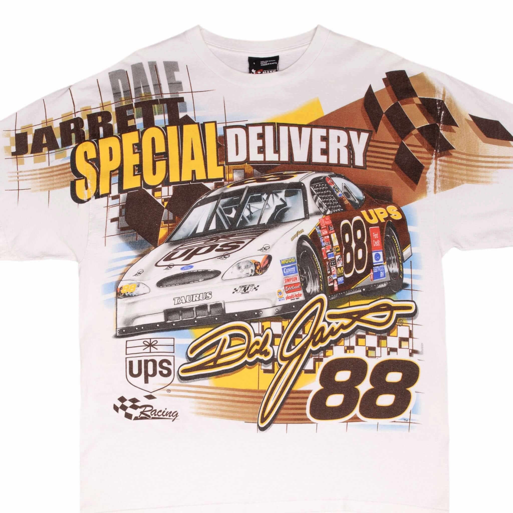 VINTAGE NASCAR DALE JARRET UPS ALL OVER PRINT EARLY 2000S TEE SHIRT SIZE LARGE Sleek Layers