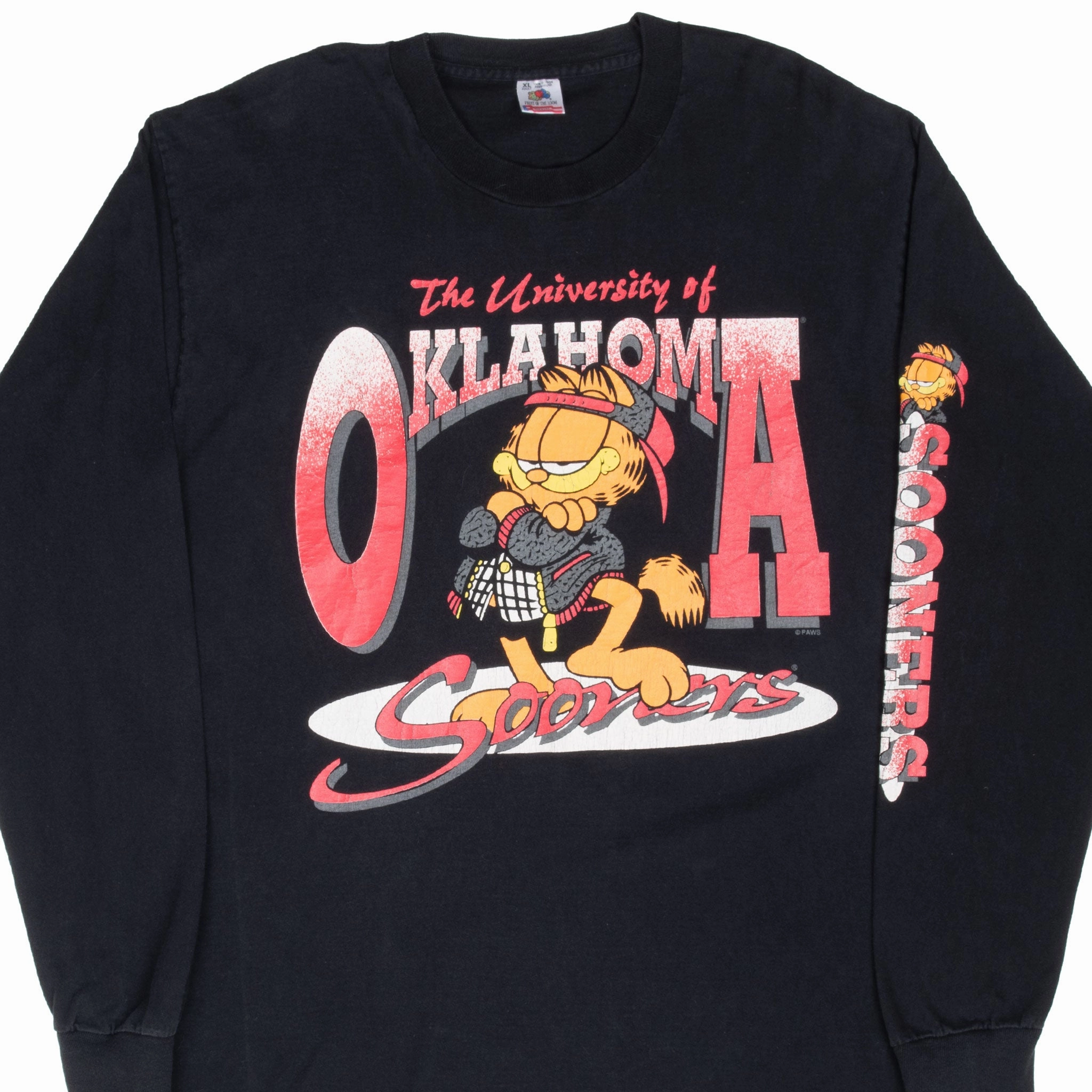 Denim combination SoftenedNeckline VINTAGE NCAA OKLAHOMA UNIVERSITY SOONERS GARFIELD 1990S LONG SLEEVE TEE SHIRT XL