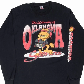 Denim combination SoftenedNeckline VINTAGE NCAA OKLAHOMA UNIVERSITY SOONERS GARFIELD 1990S LONG SLEEVE TEE SHIRT XL