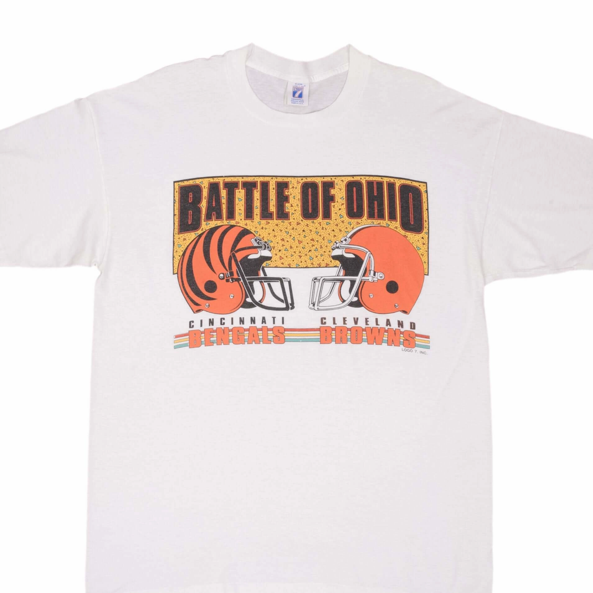VINTAGE NFL BATTLE OF OHIO BENGALS VS BROWNS TEE SHIRT 1990S SIZE XL MADE IN USA Striped modernity