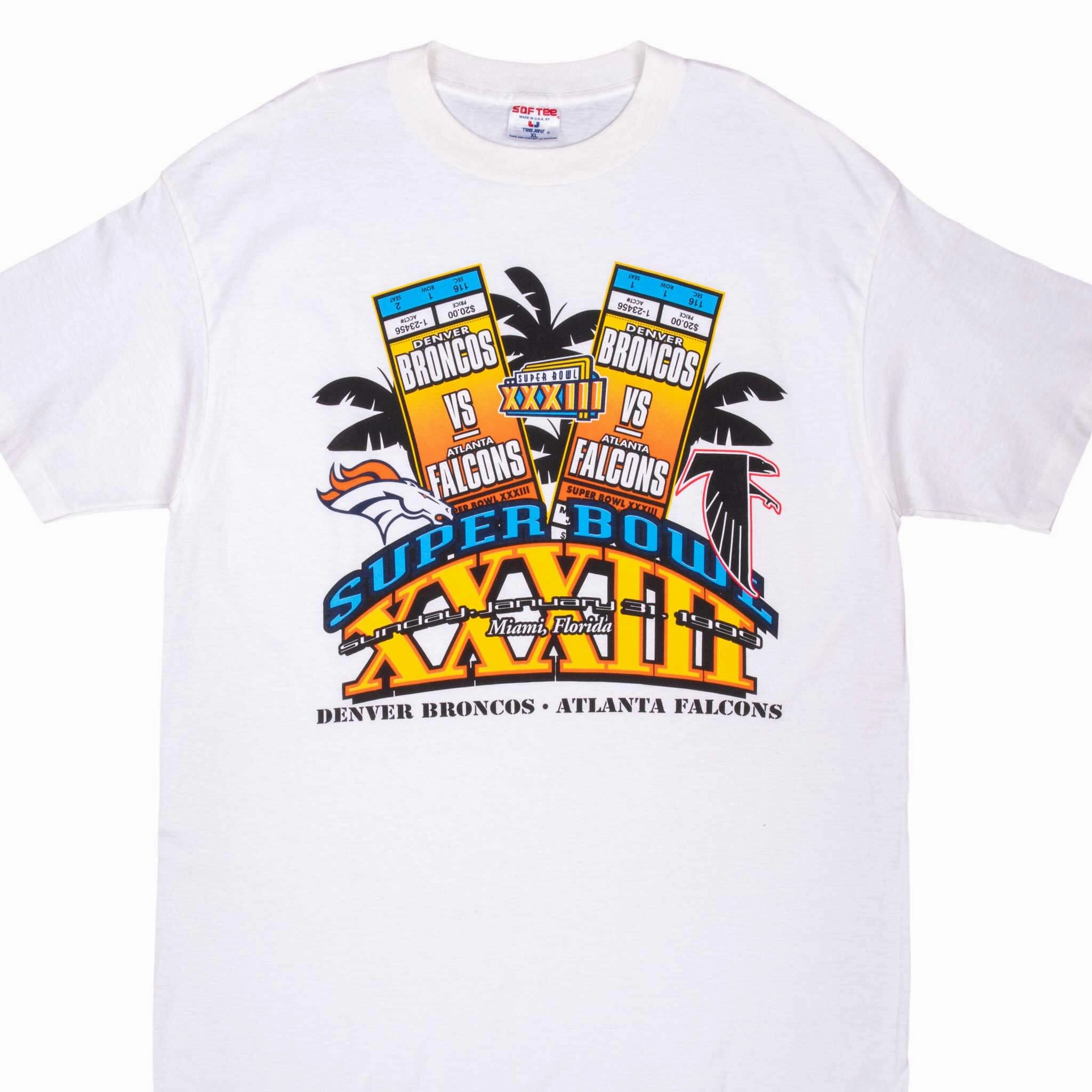 Anti Static Treatment Sporty Style Wear VINTAGE NFL FALCONS VS BRONCOS SUPERBOWL XXXIII 1999 TEE SHIRT LARGE MADE USA