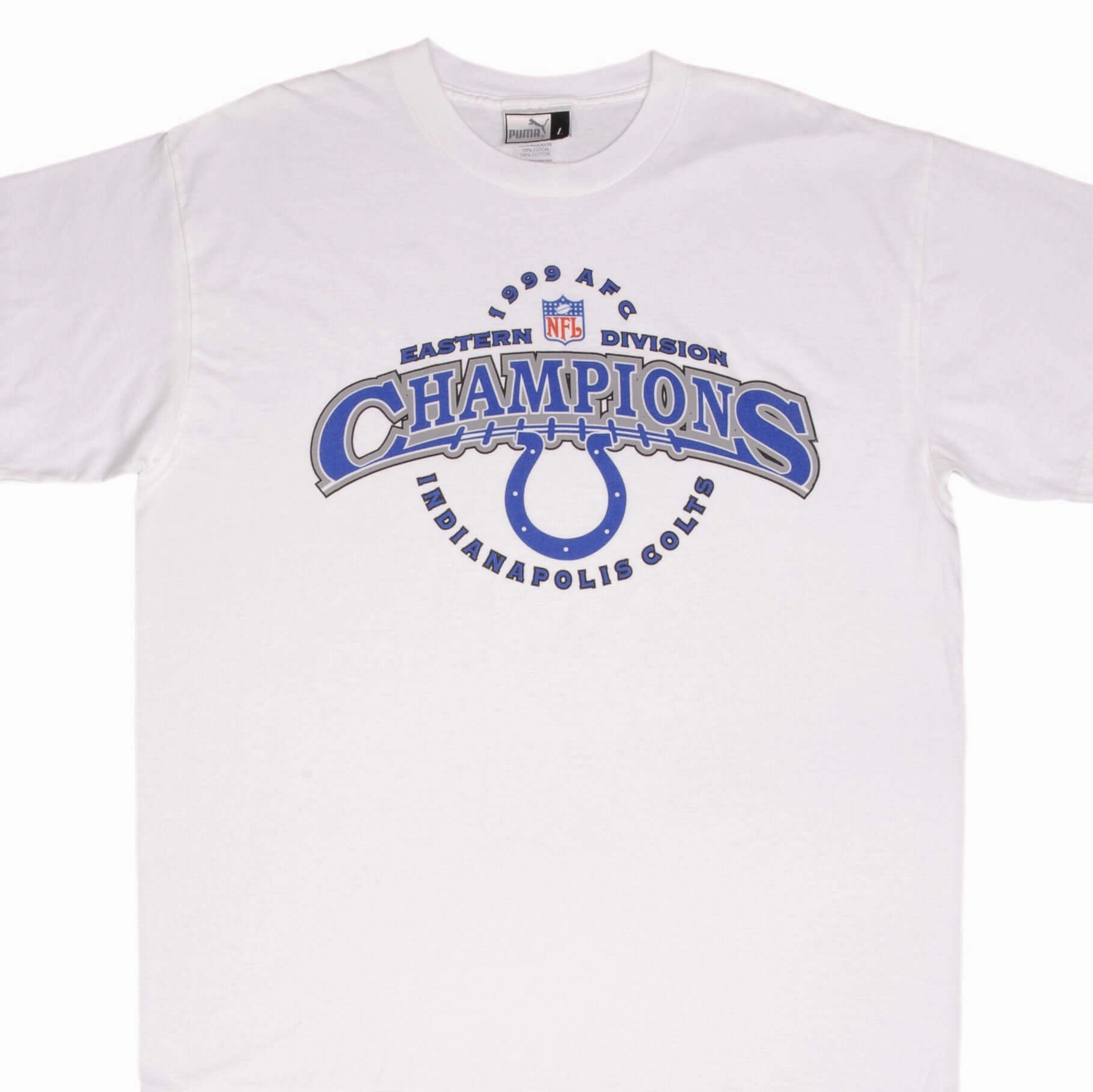 VINTAGE NFL INDIANAPOLIS COTS AFC CHAMPIONS 1999 PUMA TEE SHIRT SIZE LARGE Smooth Seam Technology