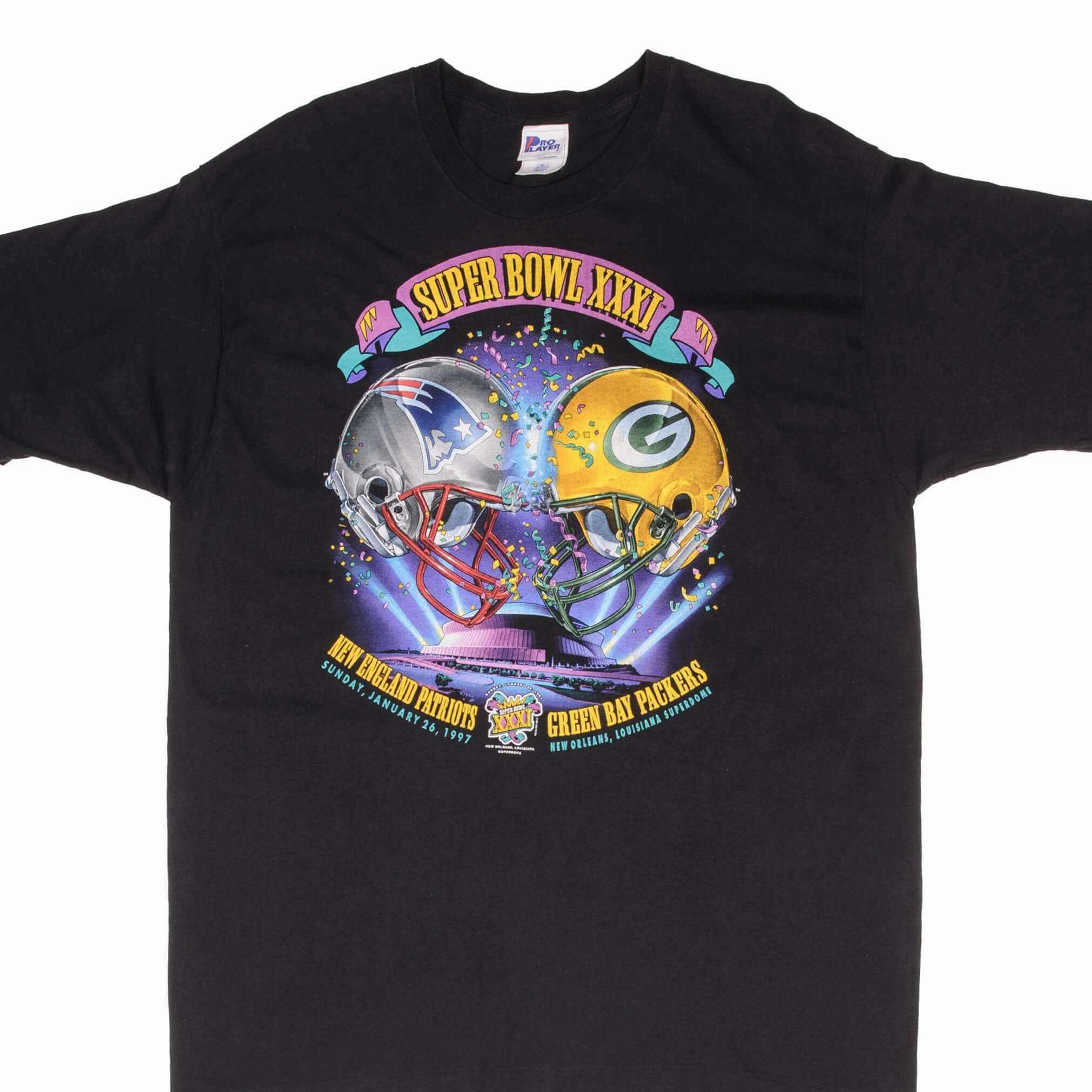 VINTAGE NFL PATRIOTS VS PACKERS SUPER BOWL XXXI 1997 TEE SHIRT XL MADE IN USA Cool Layering