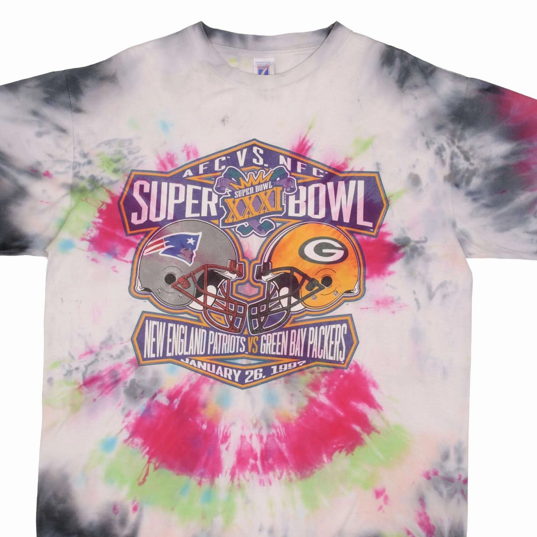 VINTAGE NFL PATRIOTS VS PACKERS SUPER BOWL XXXI 1997 TIE DYE TEE SHIRT SIZE XL Heat Transfer Printing