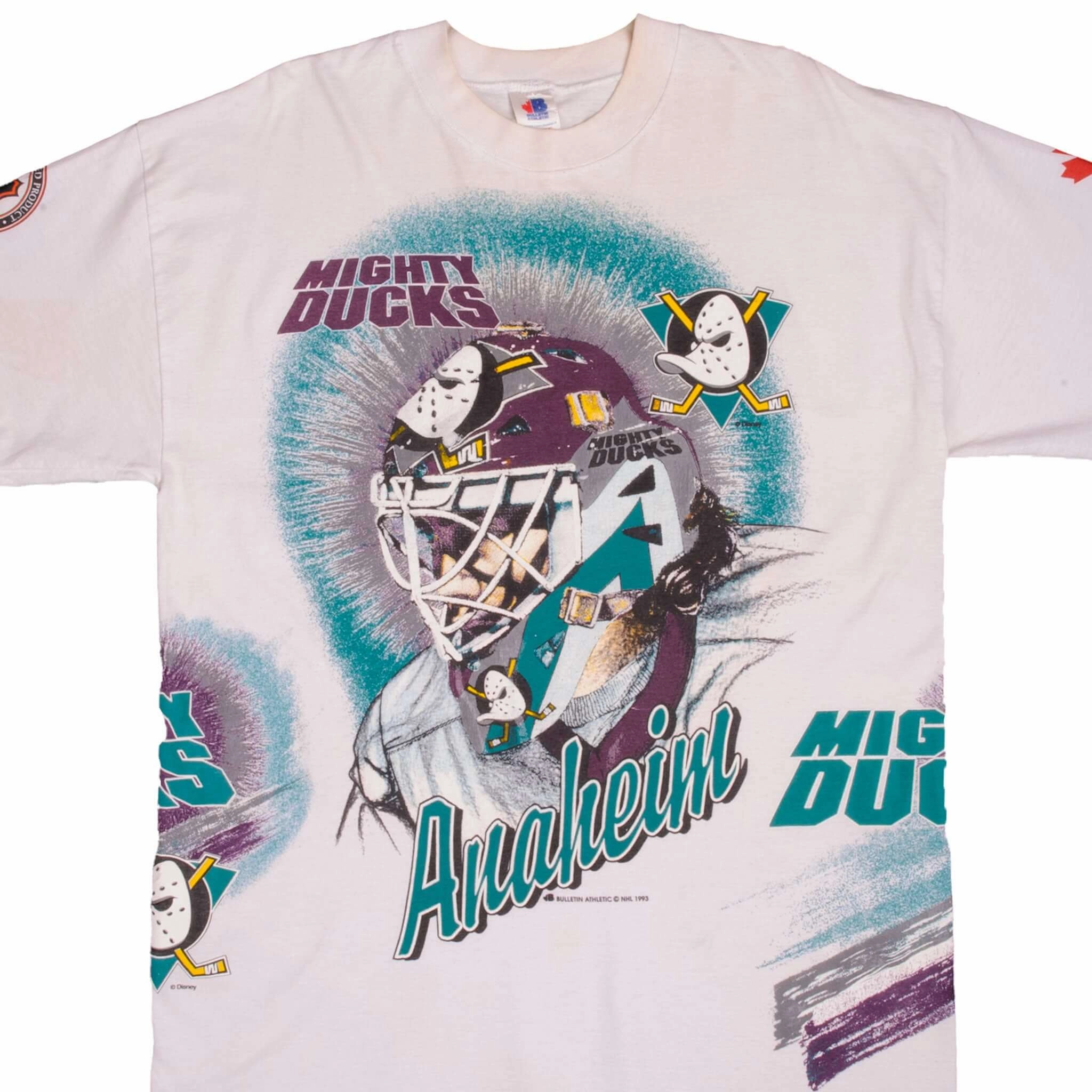 VINTAGE NHL ALL OVER PRINT DISNEY ANAHEIM MIGHTY DUCKS TEE SHIRT 1993 SIZE XL MADE IN CANADA Moisture Management Technology Abstract mystery