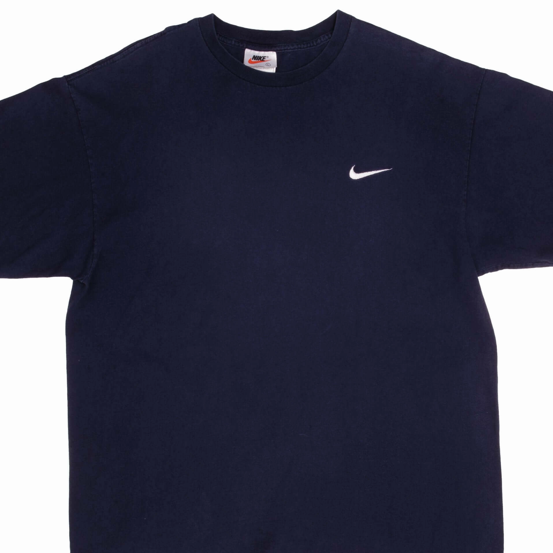 Everyday Look Wear VINTAGE NIKE CLASSIC SWOOSH BLUE TEE SHIRT LATE 1990S LARGE MADE IN USA