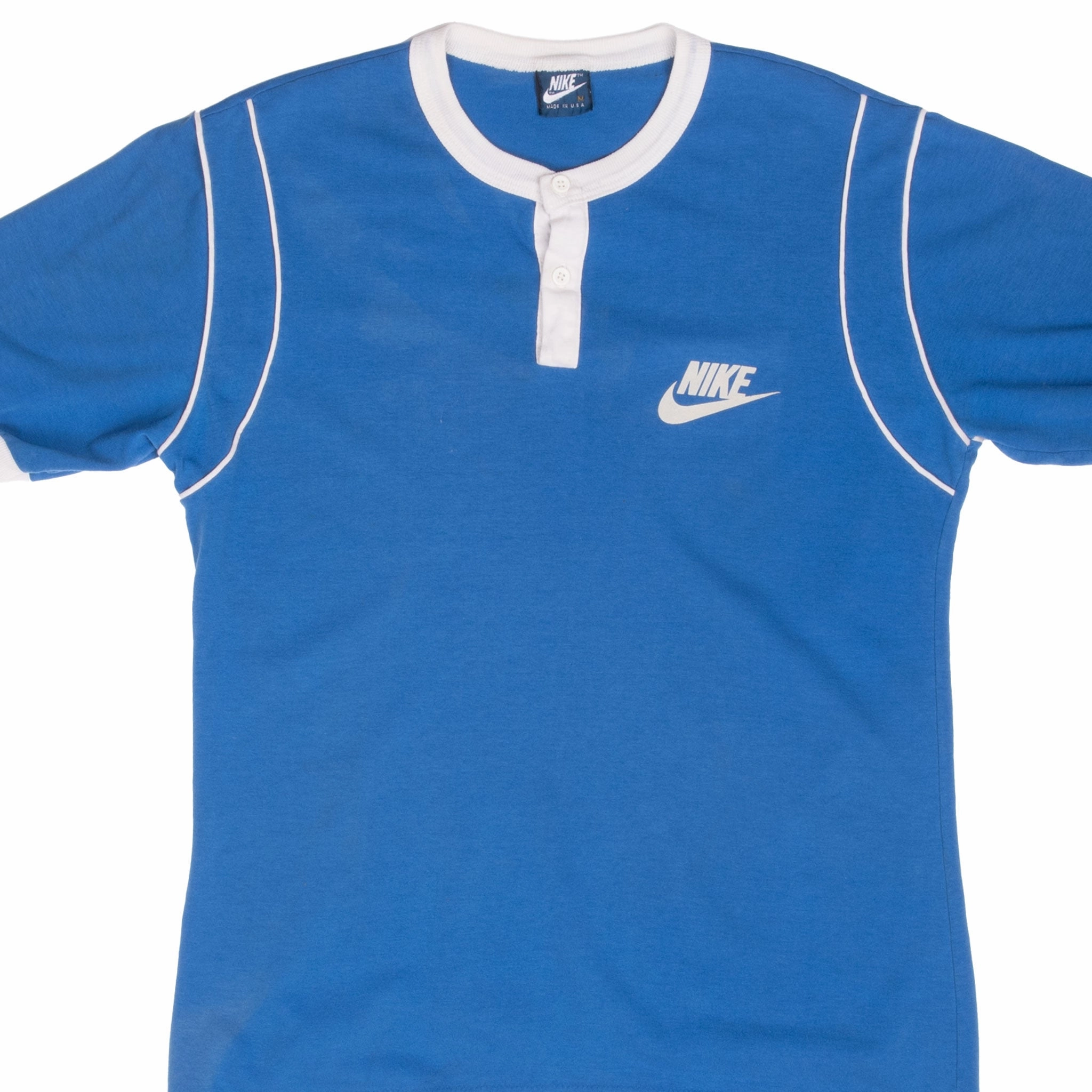 VINTAGE NIKE CLASSIC SWOOSH HENLEY BLUE TEE SHIRT 1980S MEDIUM MADE IN USA Stretch Wear Breathable touch