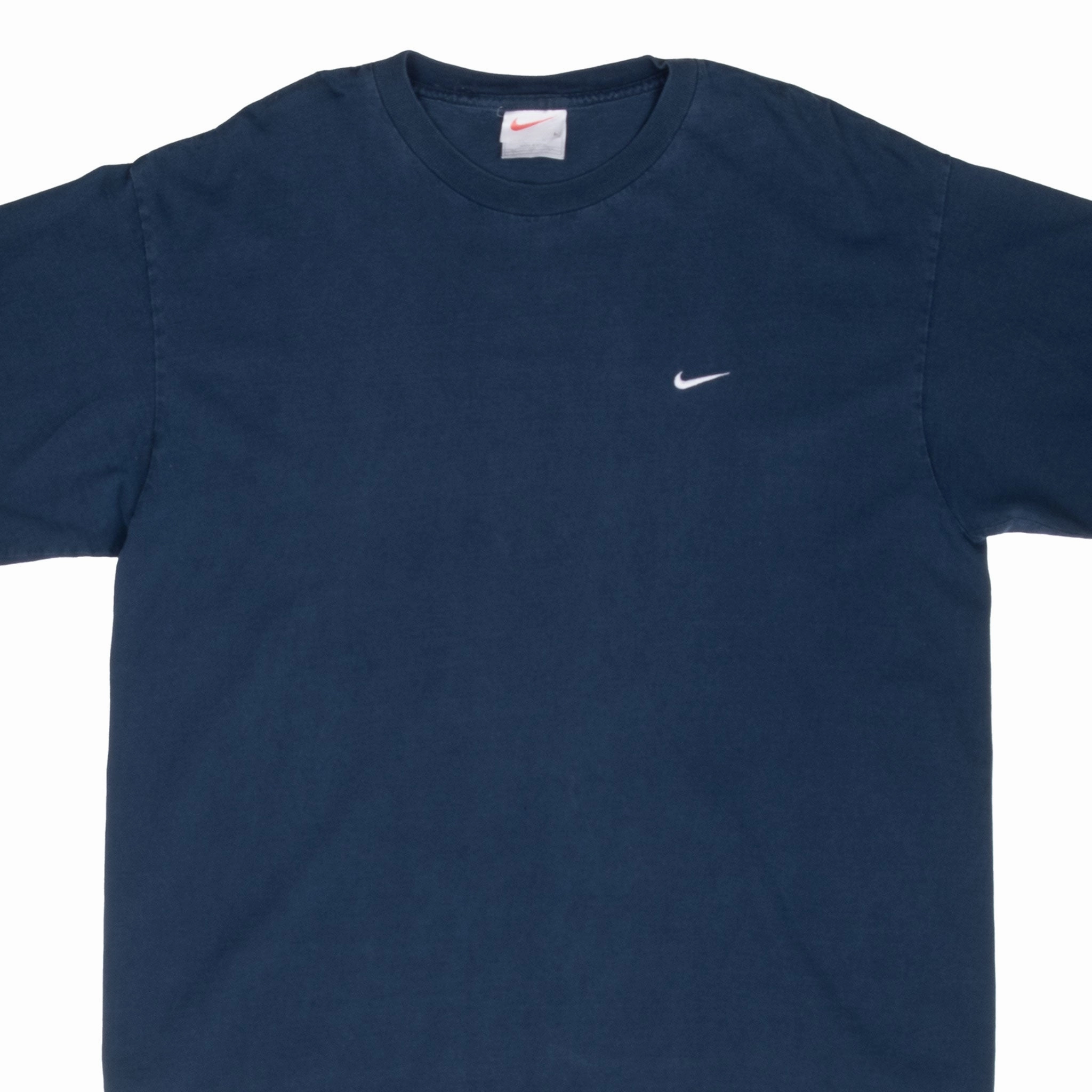 VINTAGE NIKE CLASSIC SWOOSH NAVY BLUE TEE SHIRT 1990S LARGE MADE IN USA Pre Shrunk Fabric Tubular Knit Structure