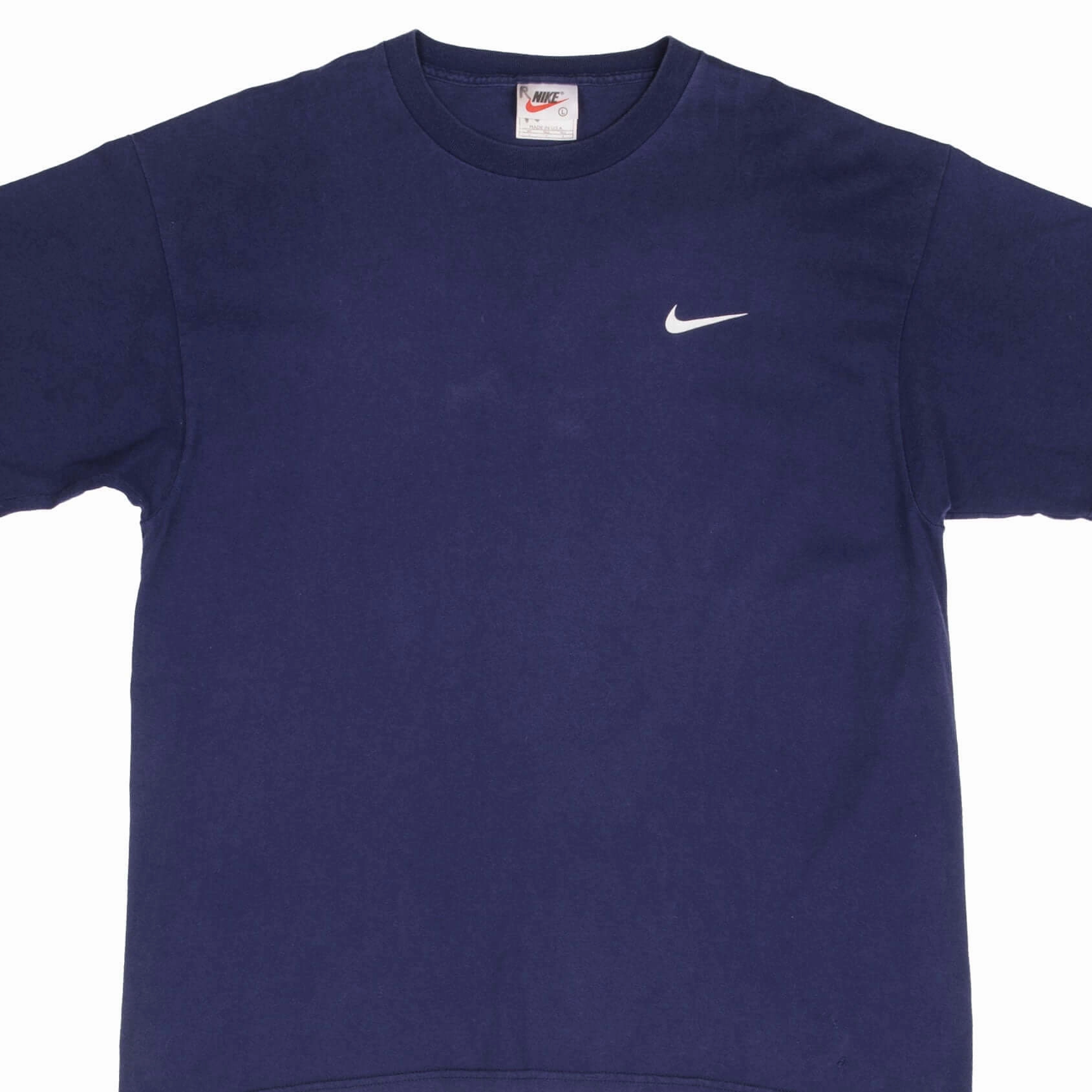 VINTAGE NIKE NAVY CLASSIC SWOOSH BACK PRINT TEE SHIRT 1990S LARGE MADE IN USA Floral freshness