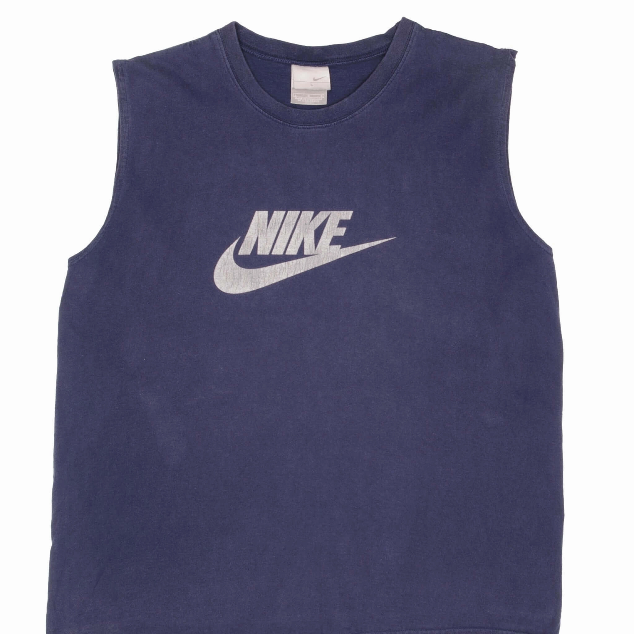 VINTAGE NIKE SPELLOUT SWOOSH NAVY BLUE TANK TOP TEE SHIRT 2000S SIZE LARGE Travel Comfort Style Double Stitched Seams