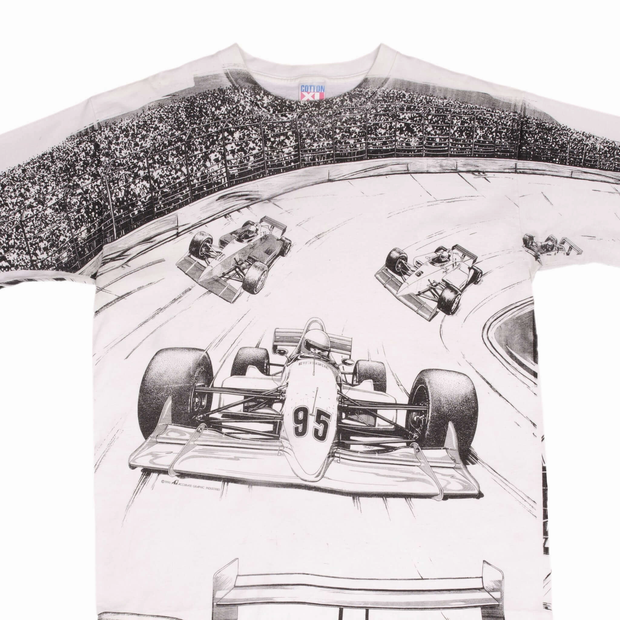 VINTAGE RACING ALL OVER PRINT INDY CAR 1995 TEE SHIRT SIZE XL MADE IN USA Modern Comfort Style Sweat Absorbent