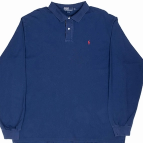 Textured Surface VINTAGE RALPH LAUREN BLUE LONG SLEEVE POLO SHIRT 1990S 2XL