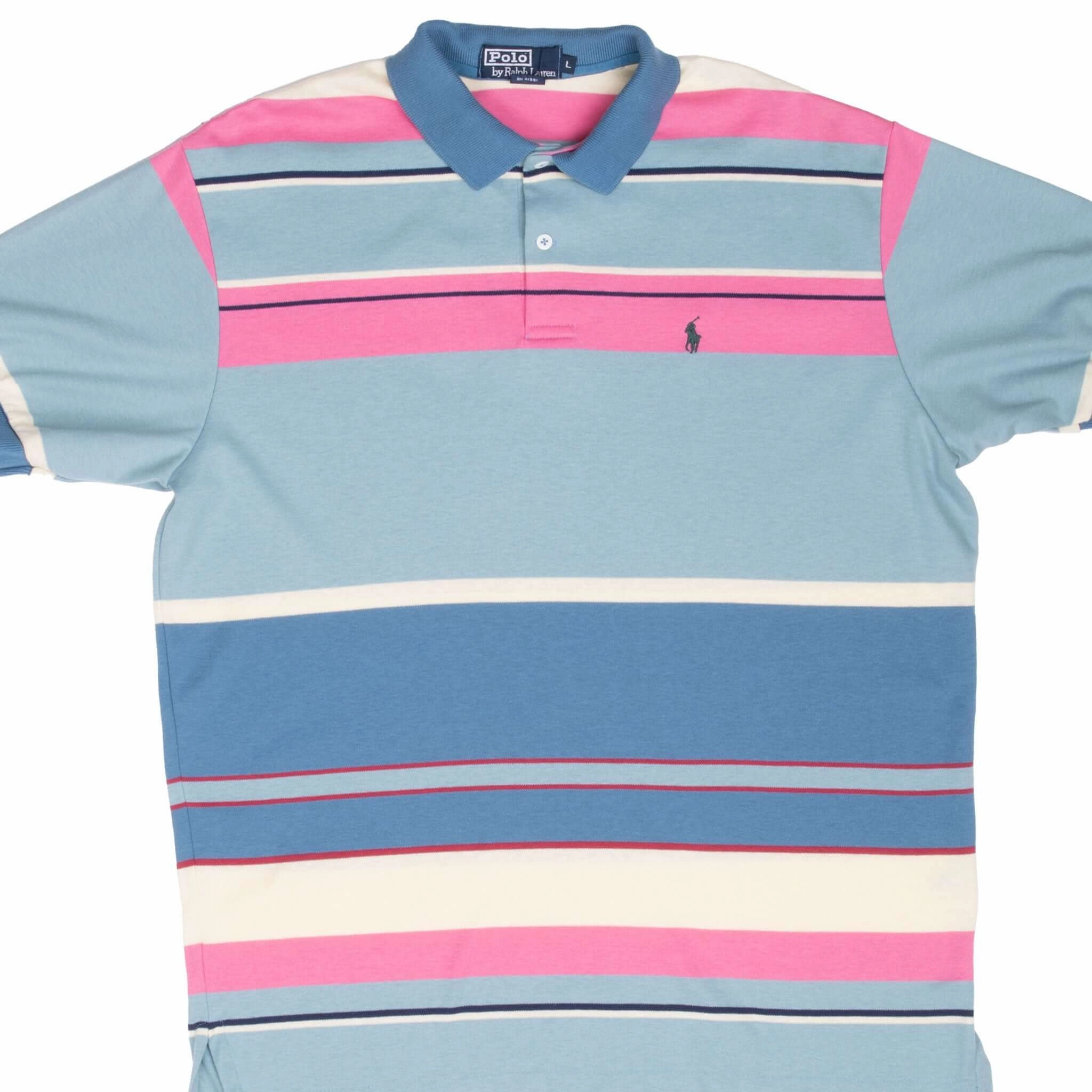 VINTAGE RALPH LAUREN PINK & BLUE STRIPED POLO SHIRT 1990S LARGE MADE IN USA Premium Comfort