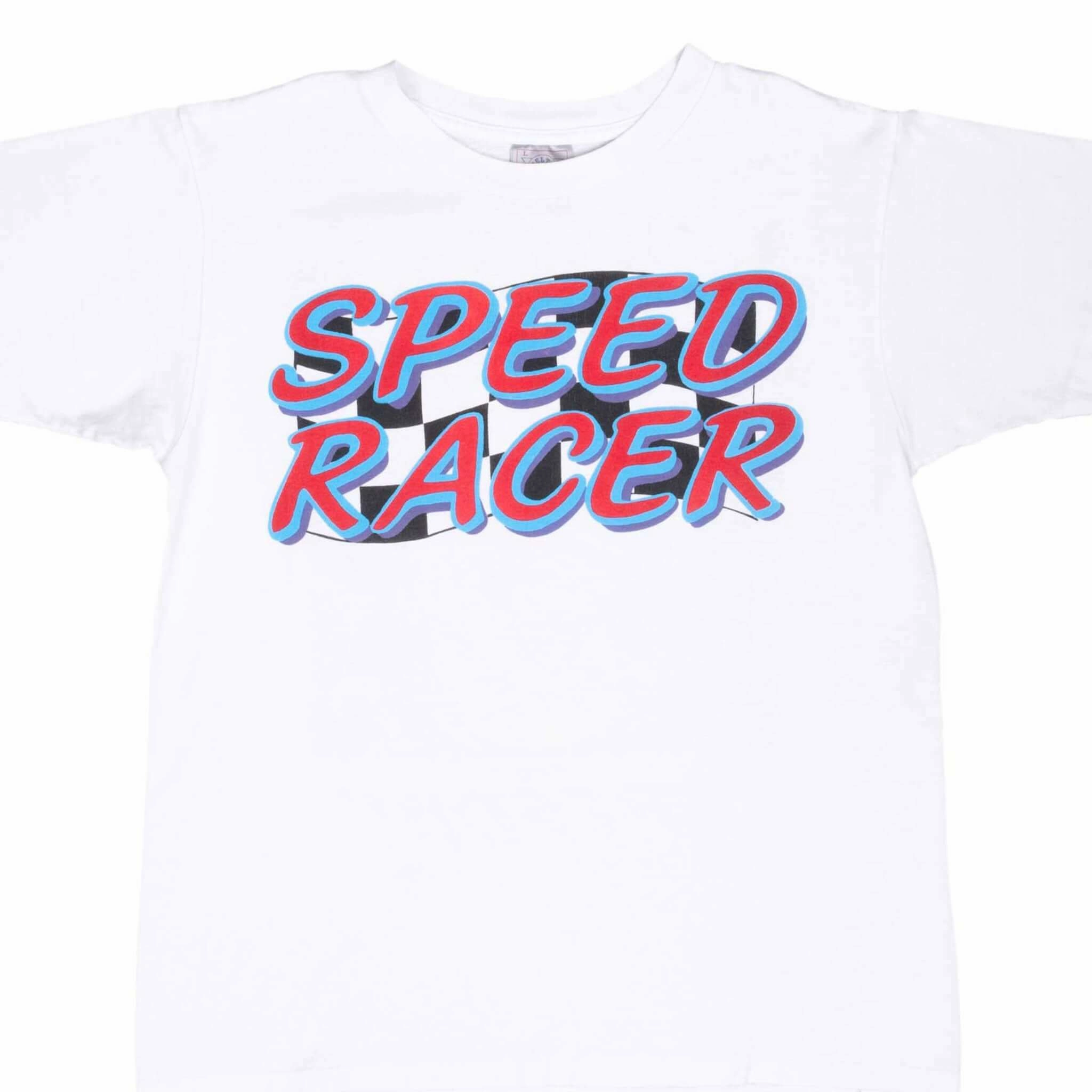 VINTAGE SPEED RACER WANTED FOR SPEEDING EARLY 1990S TEE SHIRT LARGE MADE IN USA Bold Statement Flexible Neckband