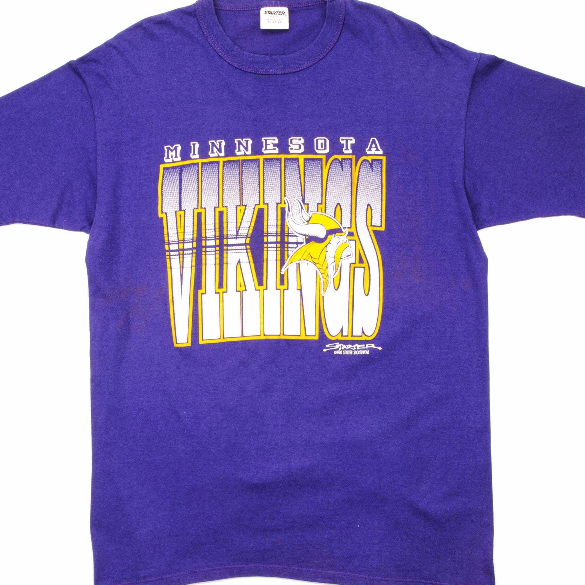 VINTAGE STARTER NFL MINNESOTA VIKINGS TEE SHIRT 1990 SIZE LARGE MADE IN USA Vegan No-Fuss Design
