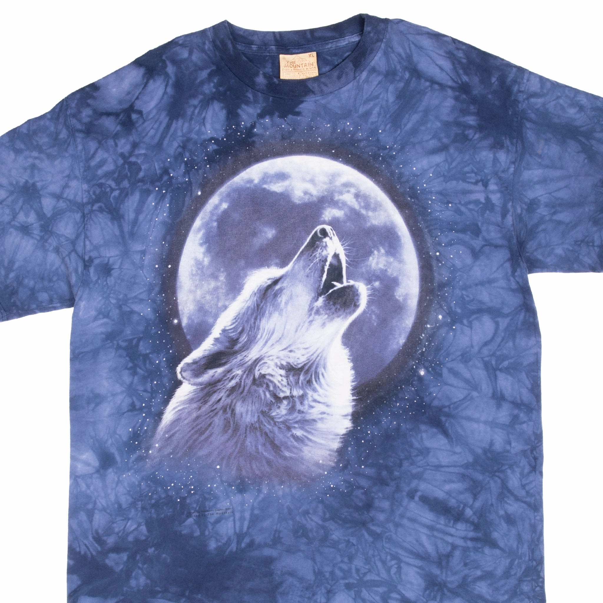 VINTAGE THE MOUNTAIN ANIMAL PRINT MOON WOLF TIE DYE TEE SHIRT 1997 XL MADE USA Fade Resistant Dye Comfortable Fit Wear