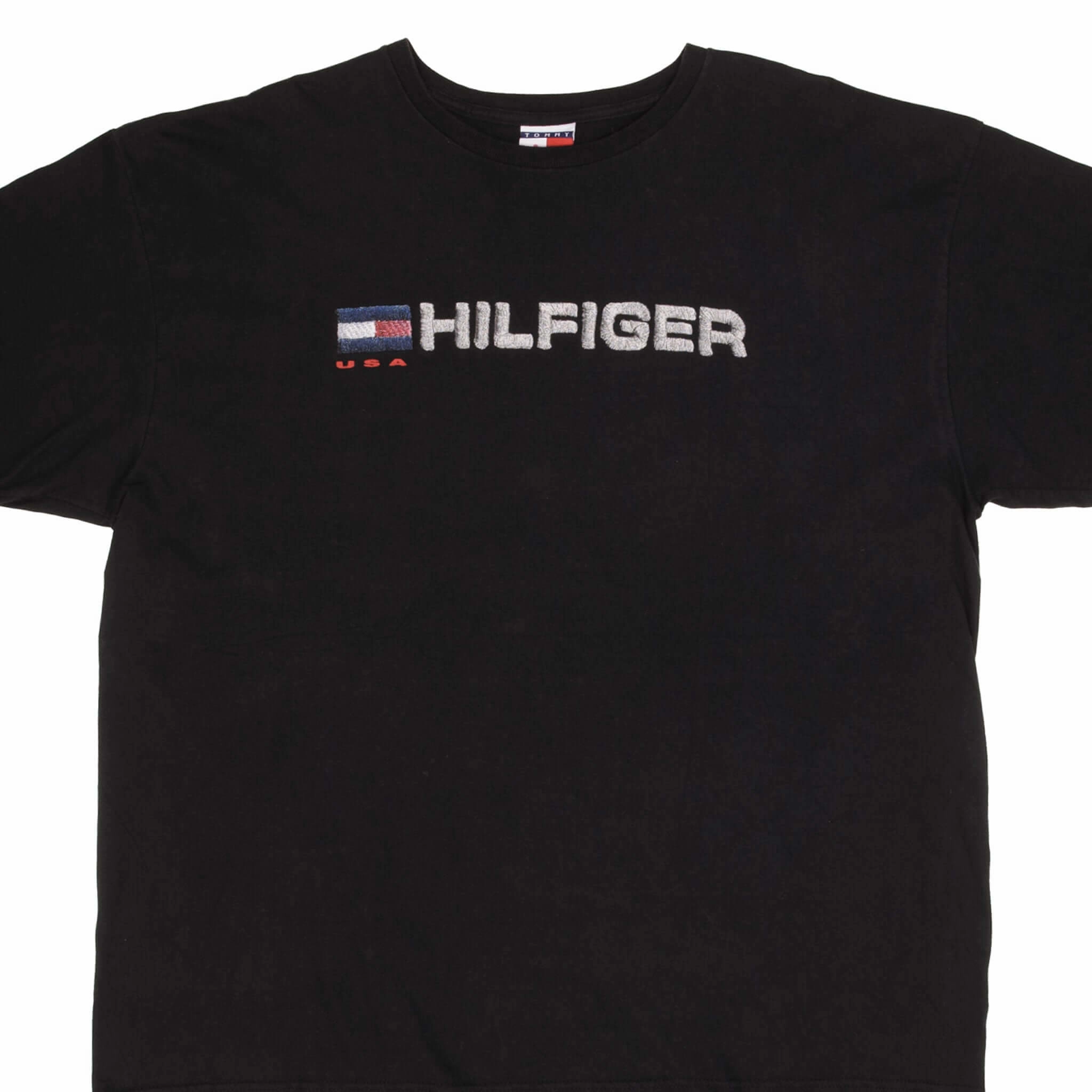VINTAGE TOMMY HILFIGER SPELLOUT BLACK TEE SHIRT 1990S SIZE 2XL MADE IN USA Soft Design SoftenedTexturedWeave