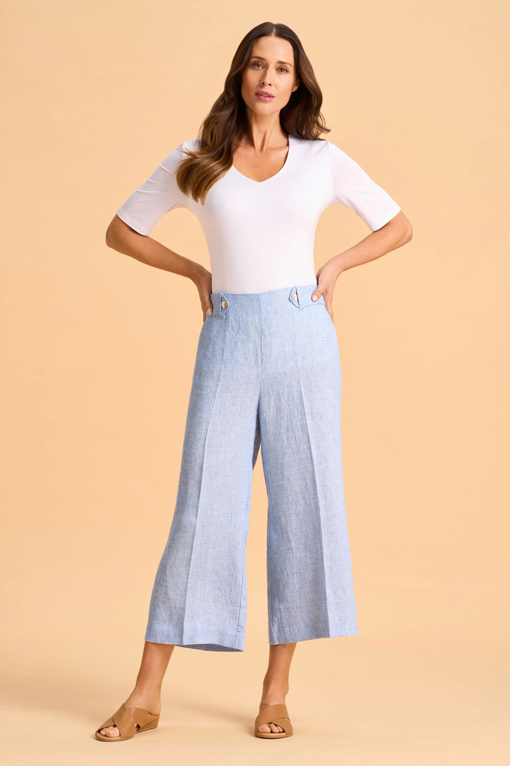 Waist Tab Linen Culotte - Chambray Cross Dye Roll-up style