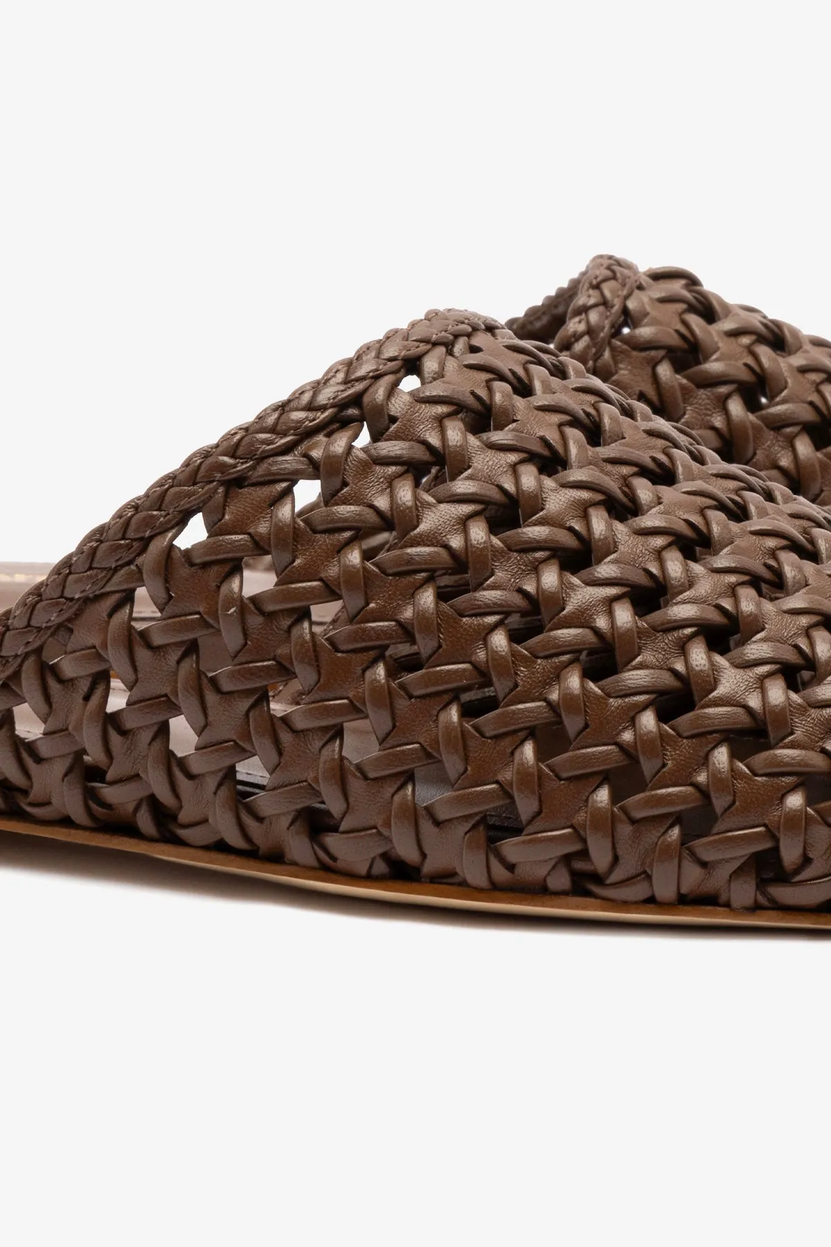 Venice Macrame Flat Mule In Burnt Umber Leather Compression Feature Simple Shape