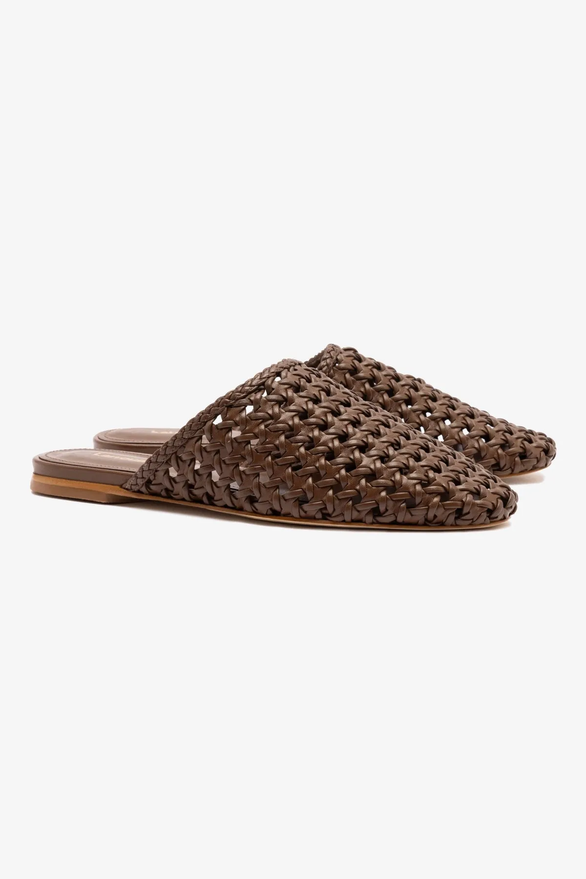 Soft On Skin removable insoles Venice Macrame Flat Mule In Burnt Umber Leather