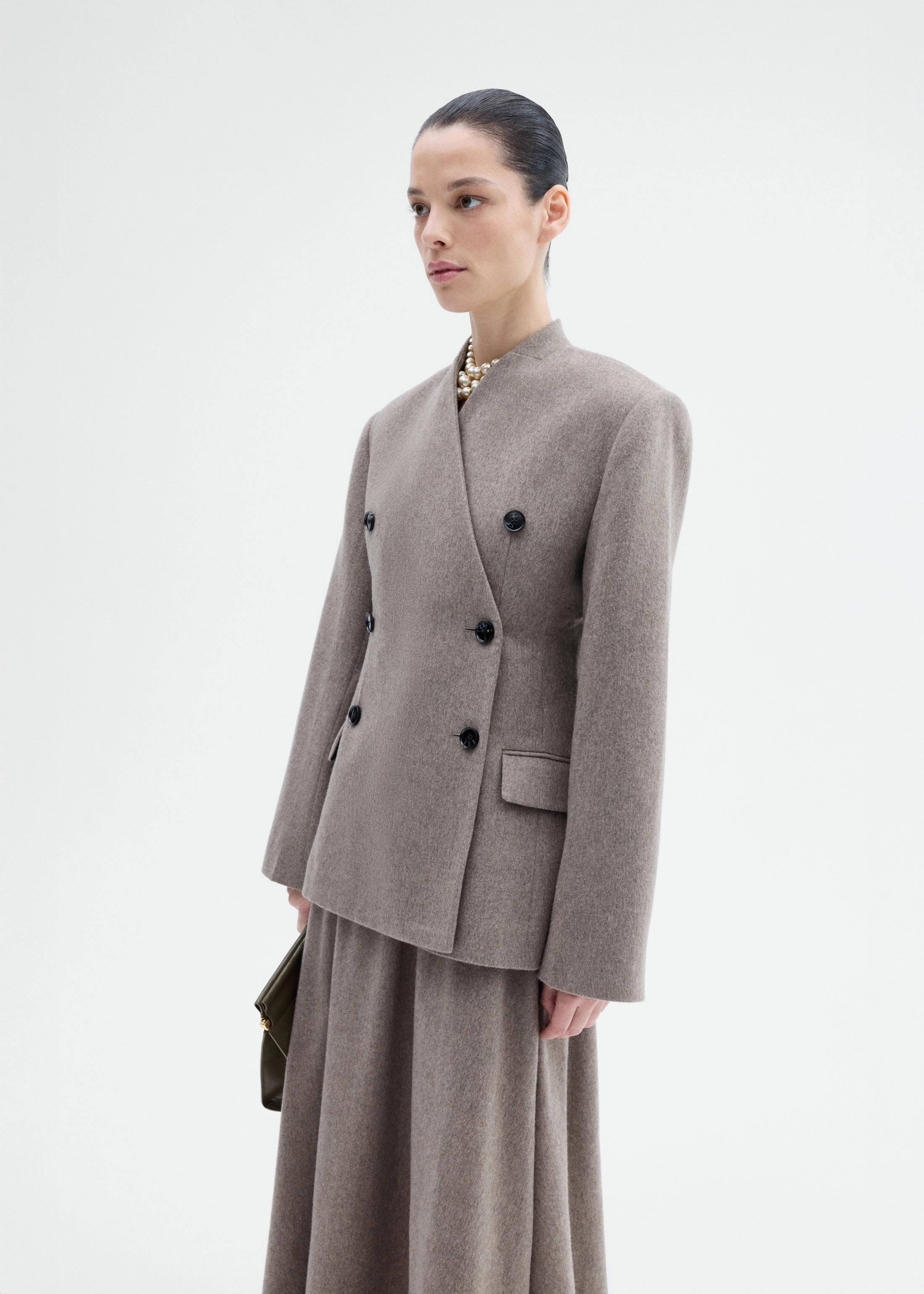 Sculptural Collarless Blazer in Wool Cashmere - Oatmeal Empower rainy - day gear