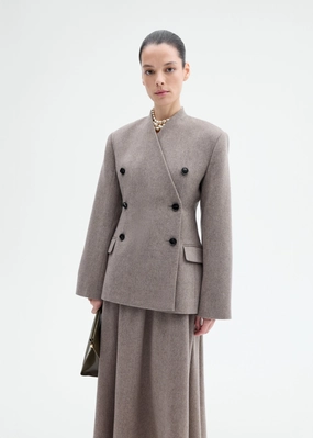 Sculptural Collarless Blazer in Wool Cashmere - Oatmeal Clock