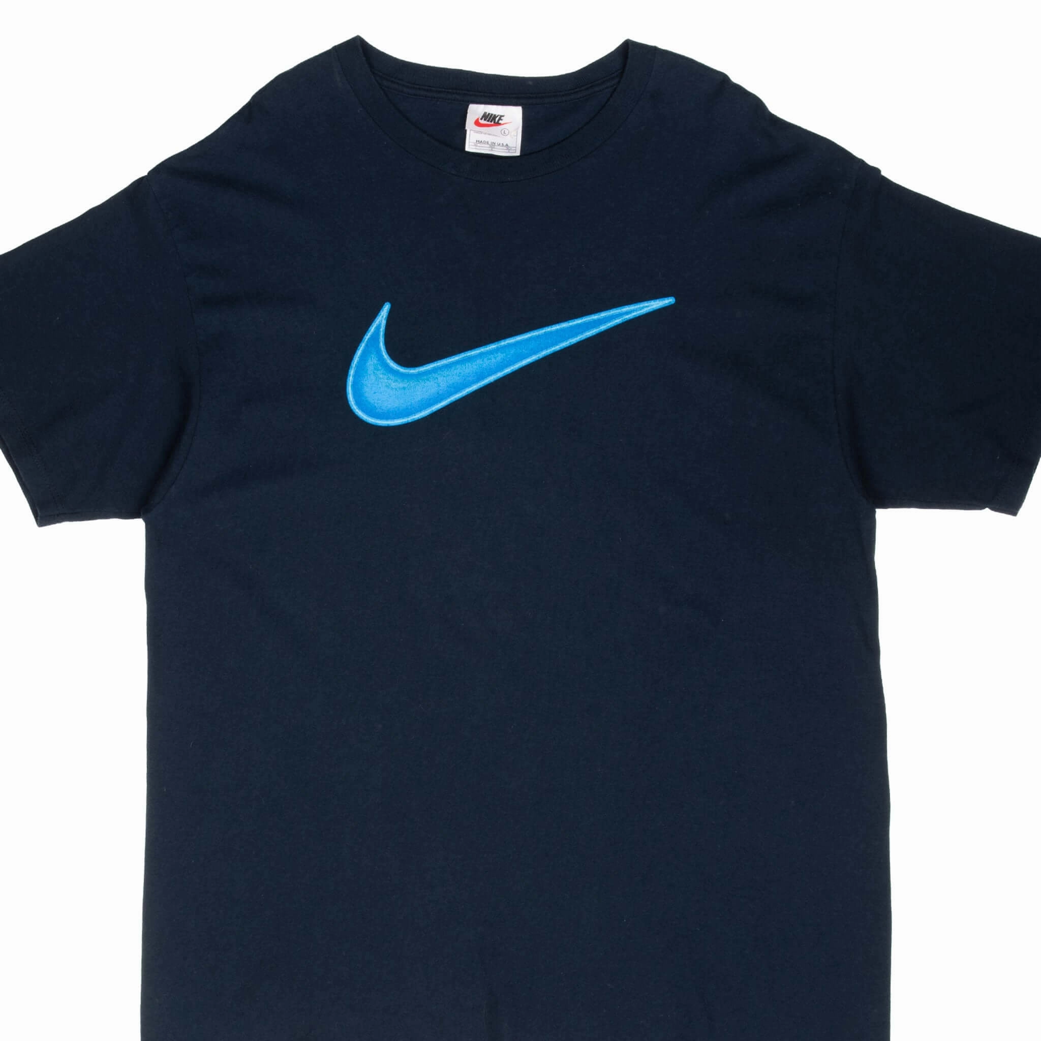 VINTAGE NIKE BIG SWOOSH BLUE TEE SHIRT 1990S LARGE MADE IN USA Trendy Tops Button Down