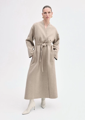 Softshell Fabric Technology Chain Wrap Coat in Double Faced Wool Cashmere  - Taupe