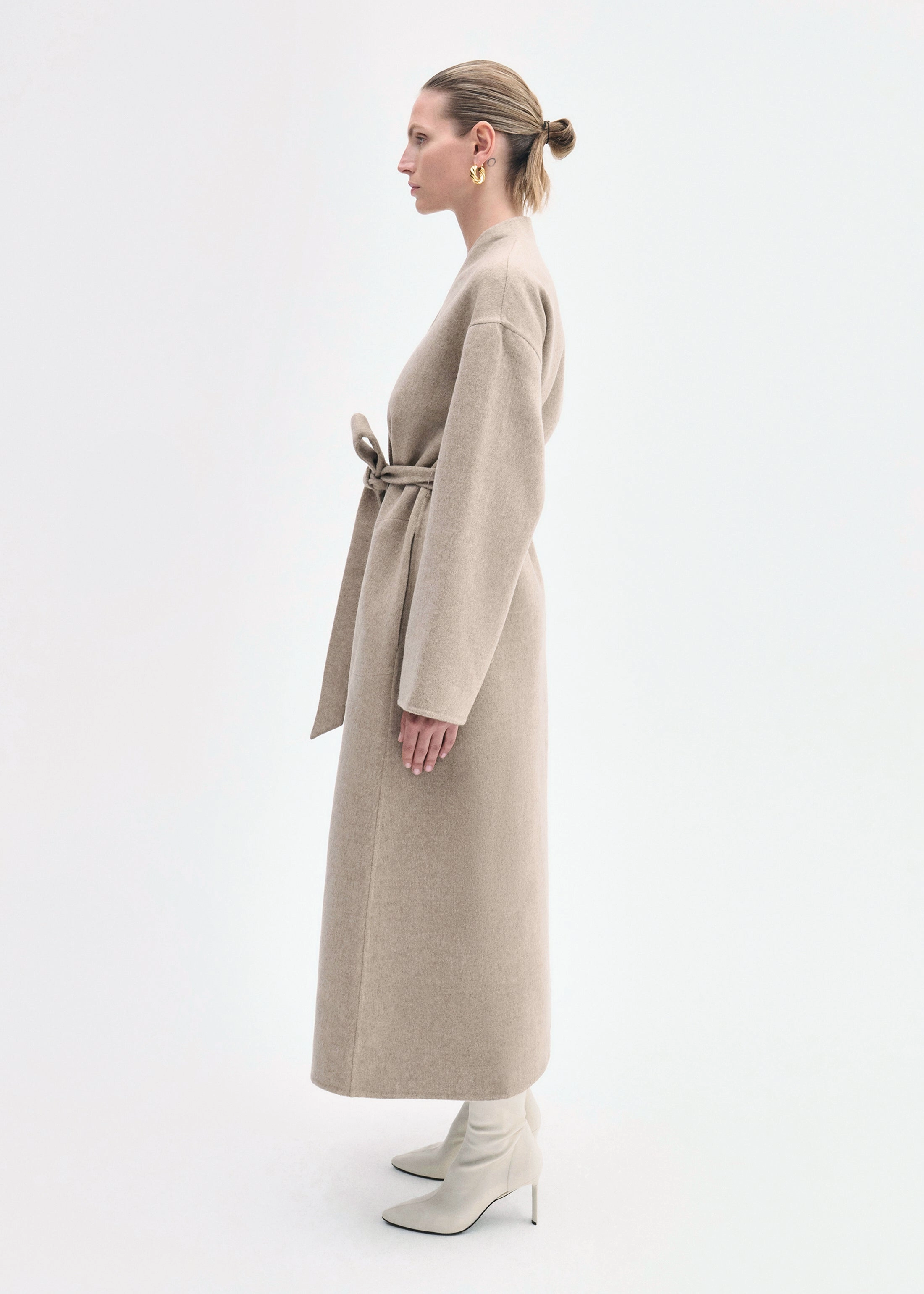Chilly Day Wrap Coat in Double Faced Wool Cashmere  - Taupe