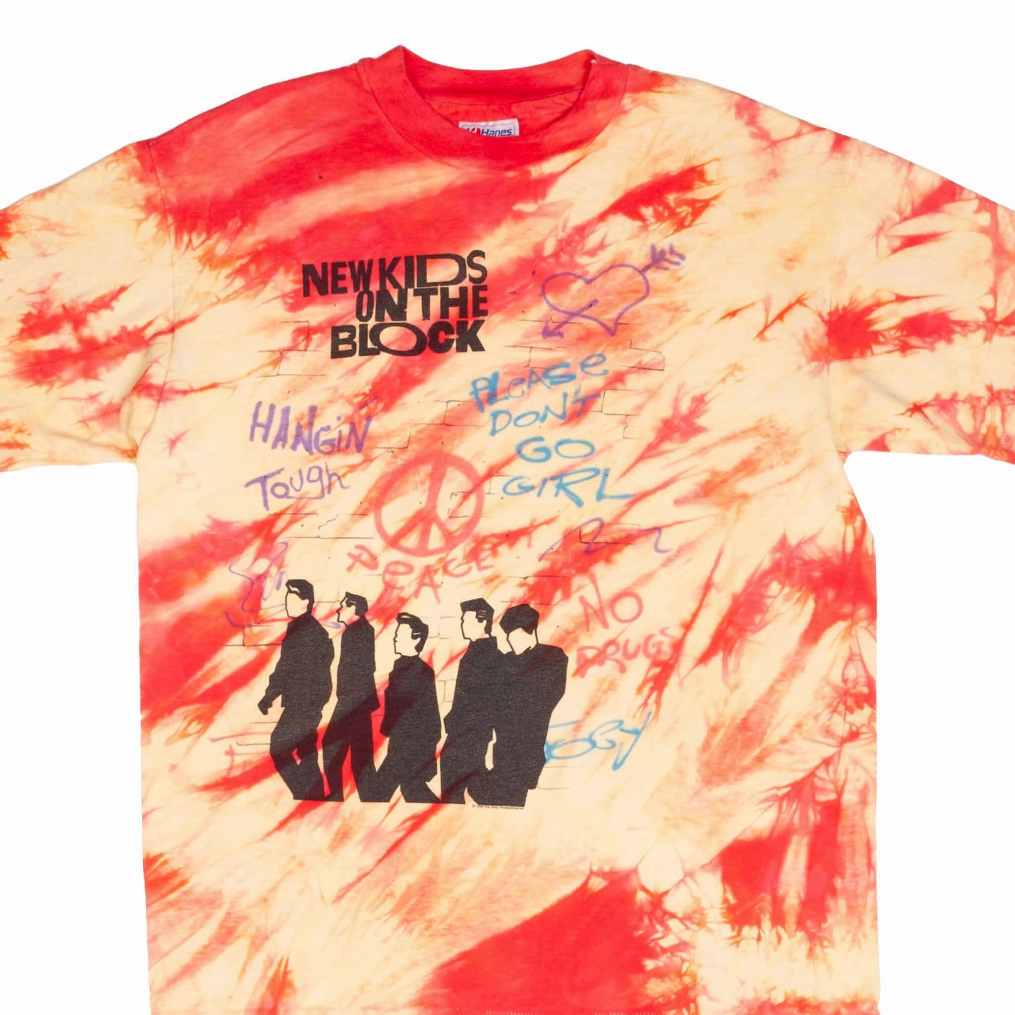 VINTAGE TIE DYE NEW KIDS ON THE BLOCK GRAFFITI 1989 TEE SHIRT MEDIUM MADE IN USA Layering Essential Layered Shoulder Design