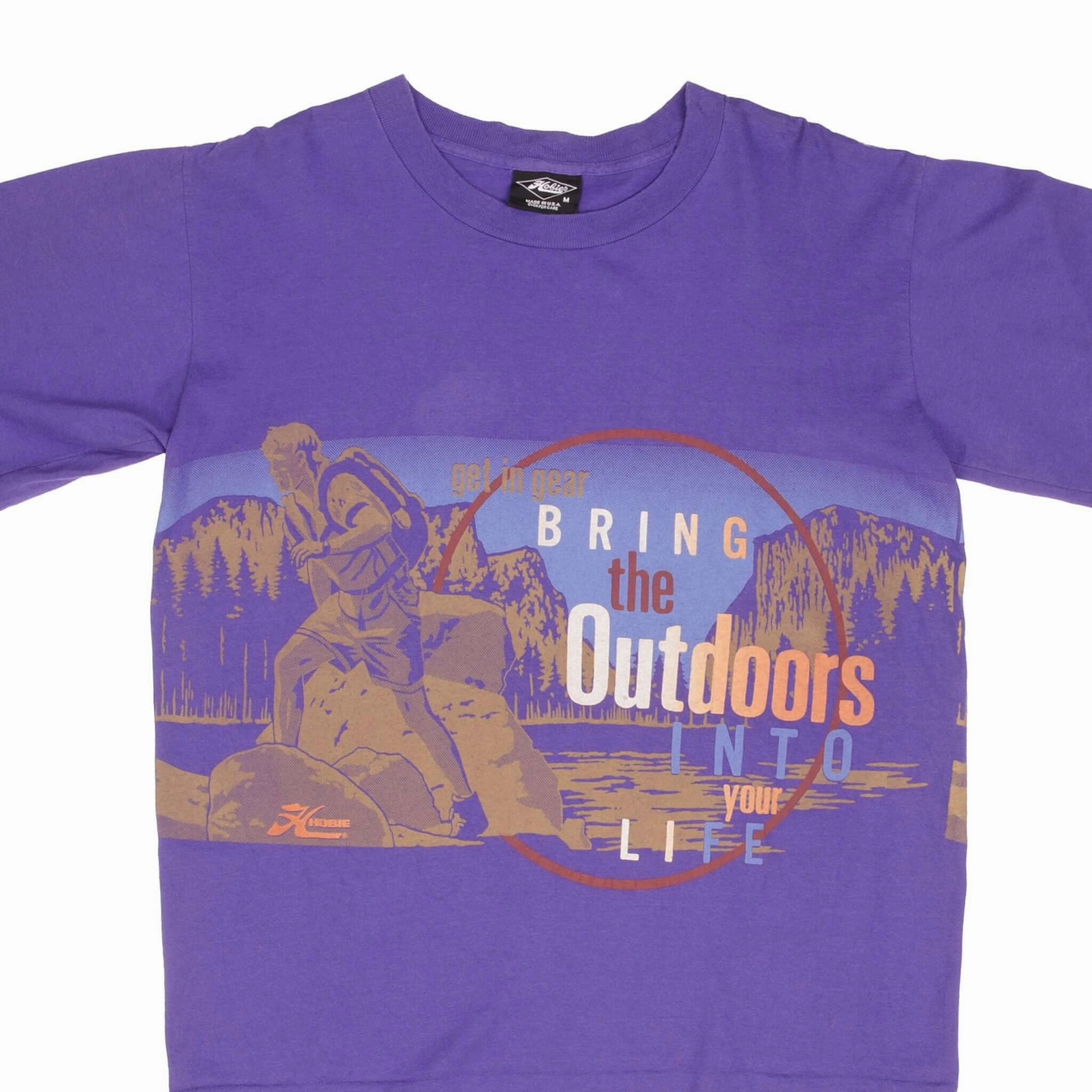 Trendy Vibes Wear DoubleStitchedHem VINTAGE HOBIE BRING THE OUTDOOR INTO YOUR LIFE HIKING TEE SHIRT 1990S MEDIUM