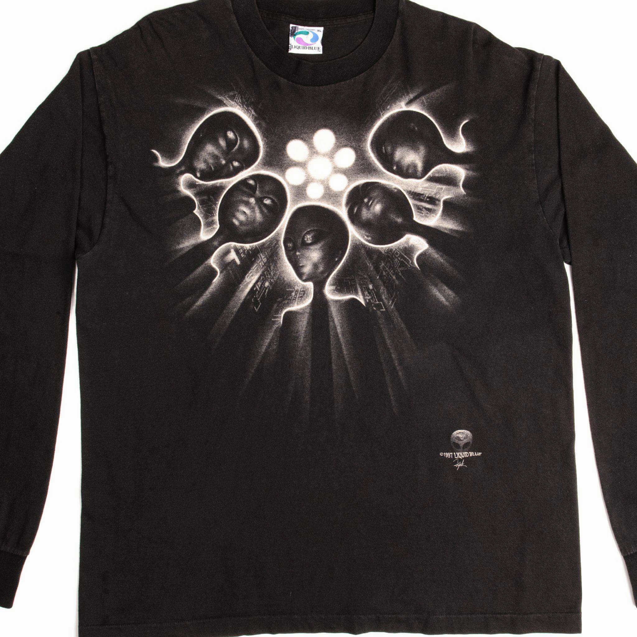 Fashion Essential Eco Certified Textile VINTAGE LIQUID BLUE ALIEN LONG SLEEVE TEE SHIRT 1997 SIZE XL MADE IN USA